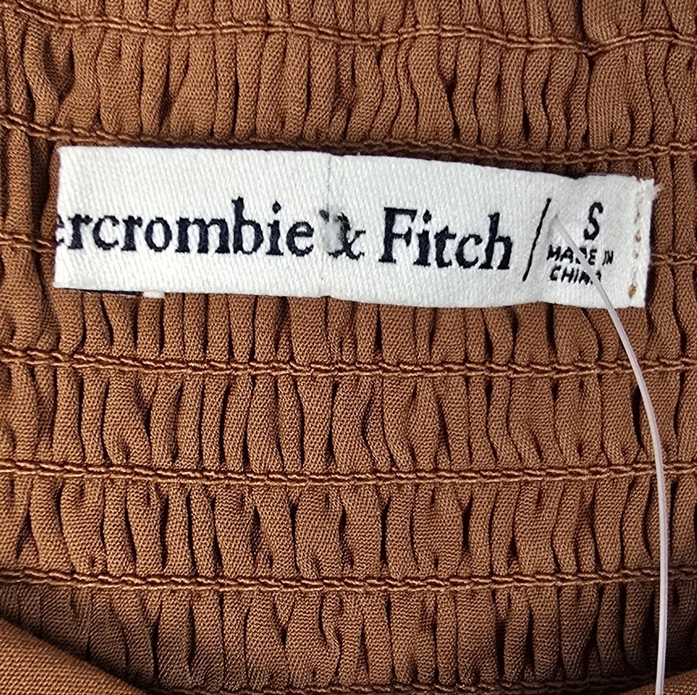 NWT Abercrombie & Fitch Womwn's Ruched Mini Dress Puff Elbow Sleeve Cognac SizeS - Picture 6 of 14